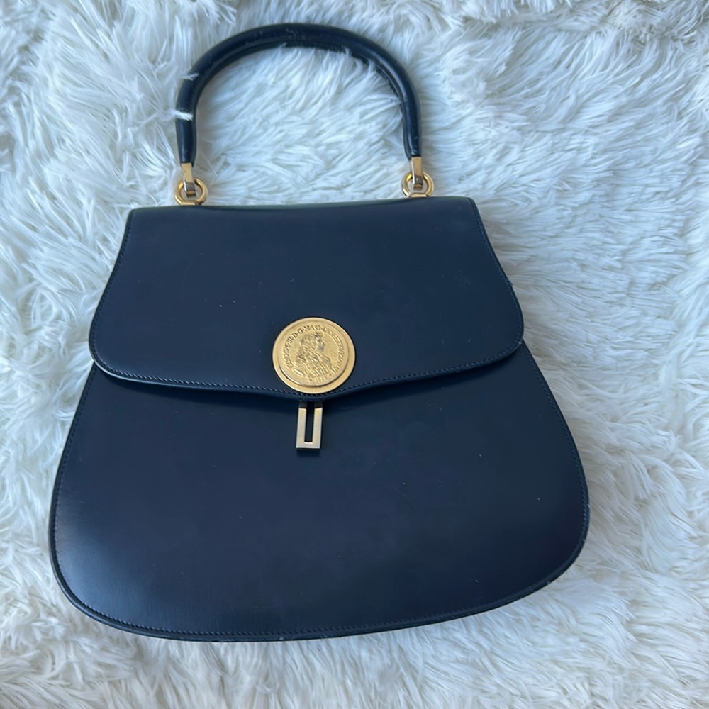 Vintage. Rare. Nettie Rosenstein Navy Blue purse with Italian medallion detail